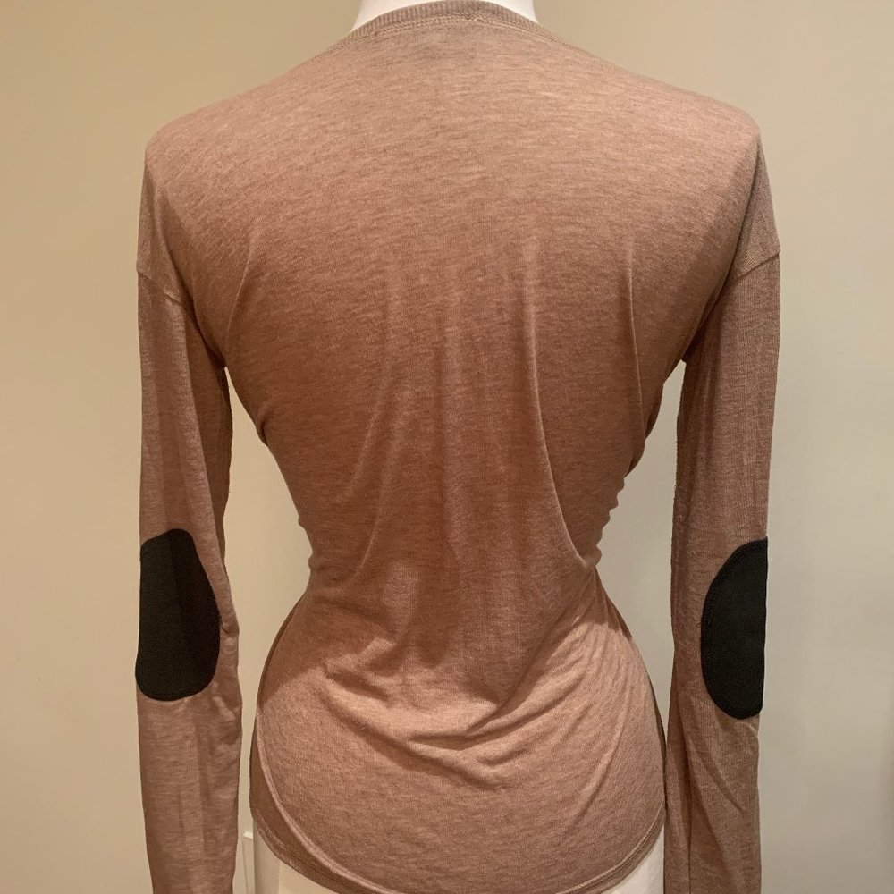 Tan long sleeve top with elbows patches on sleeves